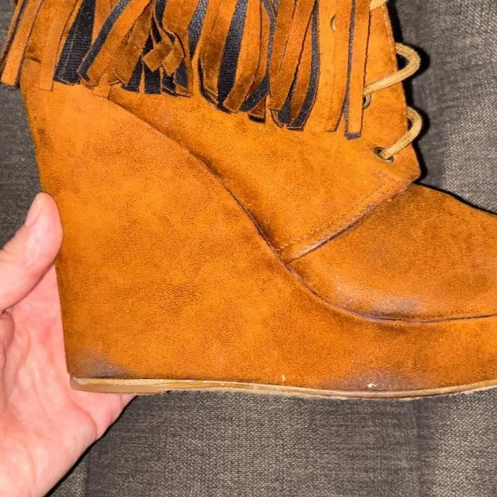 Brown suede fringe boots with